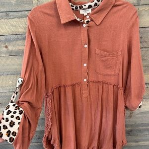 Animal Print Button Front and Tab Tunic Dress with Chest Pocket and Hi-Lo Frayed